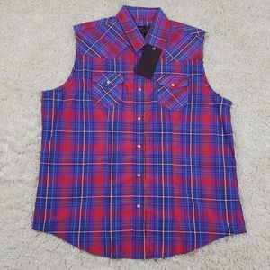 Cowgirl Legend Shirt Womens 1X Red Plaid Snap Western Boyfriend Top Sleeveless